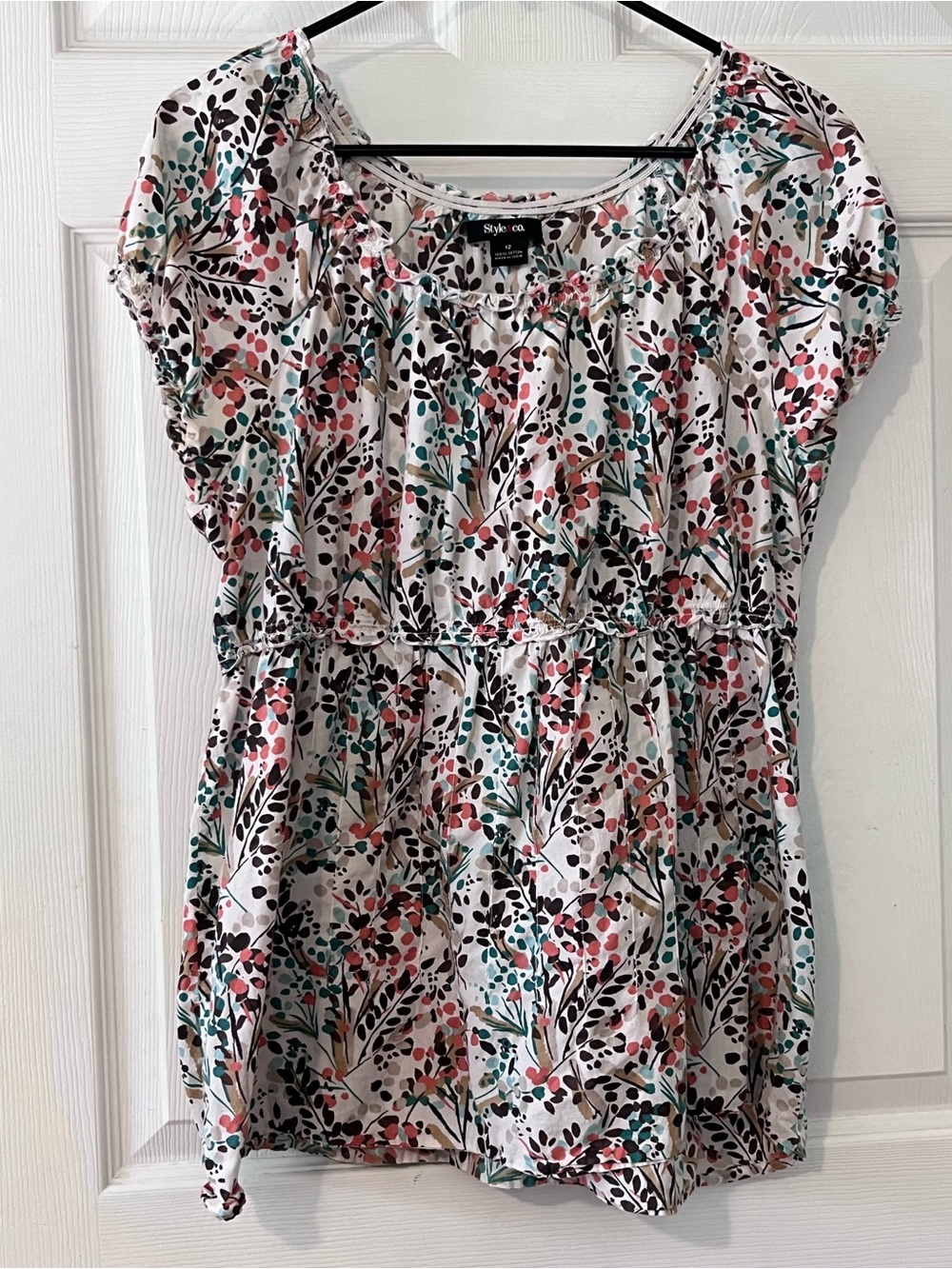 Style & Co. White Floral Scoop-Neck Tunic with Pink & Green Accents
